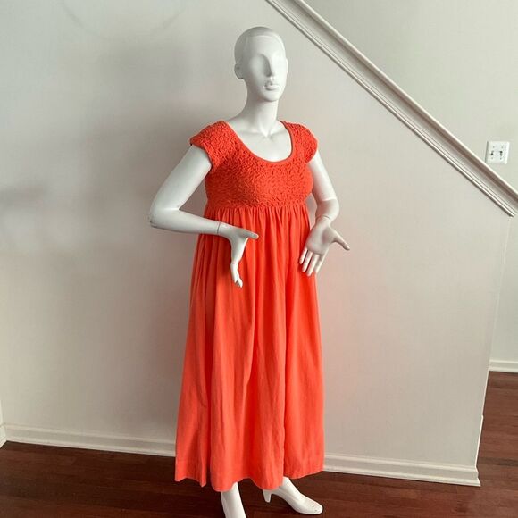 Free People All Eyes On You Smocked Midi Vibrant Orange Dress L - Picture 10 of 10